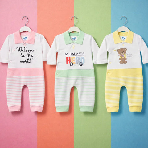 HY - Pack of 3 Newborn Rompers - Cotton Interlock - Welcome