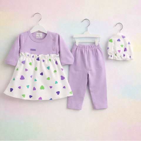 Charm - 3 Pieces - Newborn Frock Set - Hearts - Purple - Thailand