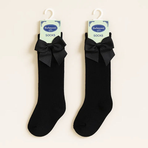 Chieea - Pair of 2 - Long Socks - Bow - Black & Black