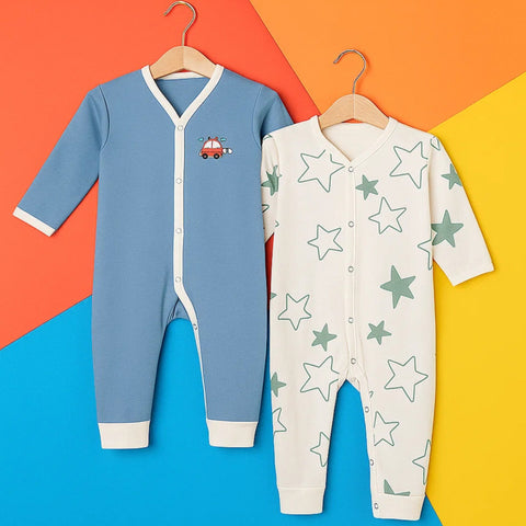 Junior's - Pack of 2 Rompers - Green & White - Car & Stars
