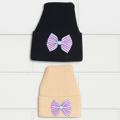 Pack of 2 - Woolen Caps - Skin & Black - Striped Bow - 25