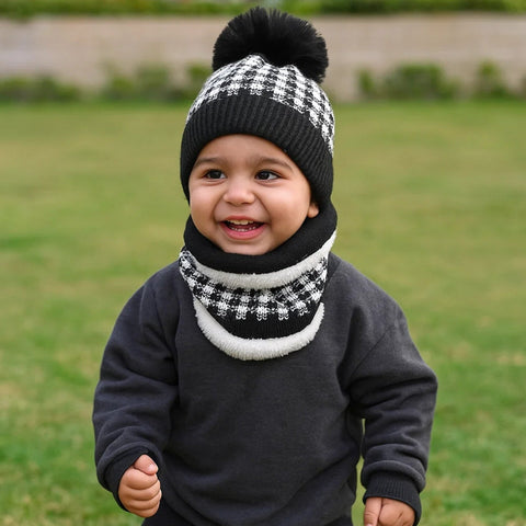 Wool Cap With Muffler - Pom Check - Black