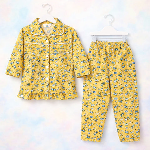 CC - Collar Night Suit - Cotton - Yellow - Flowers & Leaves