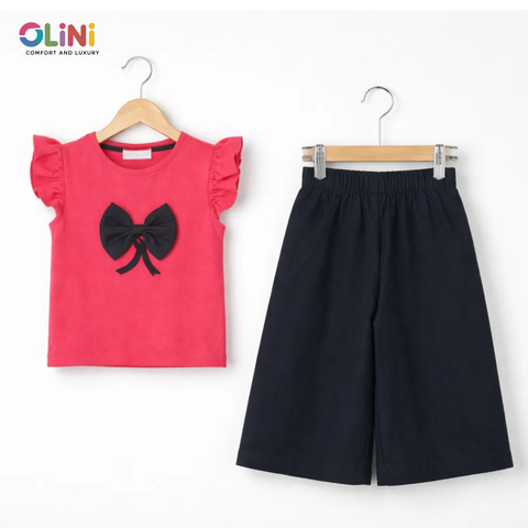 OLINI - Cropped Shirt & Bell Bottom - Pink - Bow