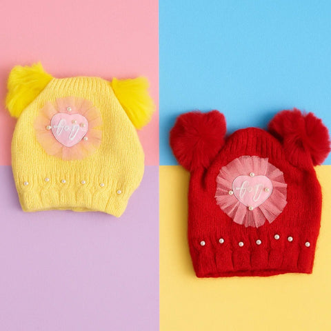 Pack of 2 - Woolen Caps - Red & Yellow - Floral Net - 25