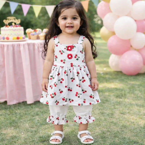 AG - 2 Pieces - Frock Set - Red - Flower & Cherries