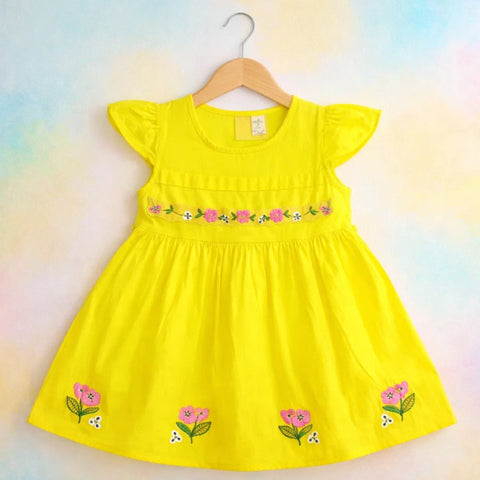P&P - Short Sleeve - Embroidered Frock - Yellow - Strip Flowers & Leaves