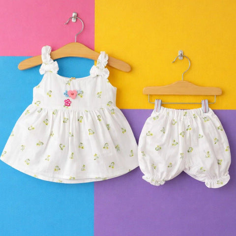 P&P - 2 Pieces - Frock Set - White - Green Twin Flowers