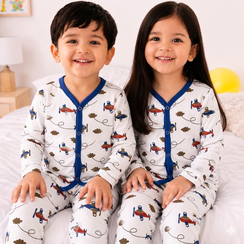 TBS - Cotton Jersey - Night Suit - White - Aeroplane & Clouds - 26