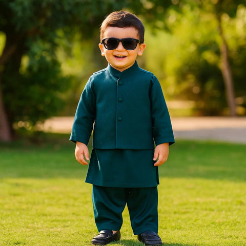 TBS - 3 Pieces - Waist Coat Kurta Shalwar - Wash N Wear - Dark Green