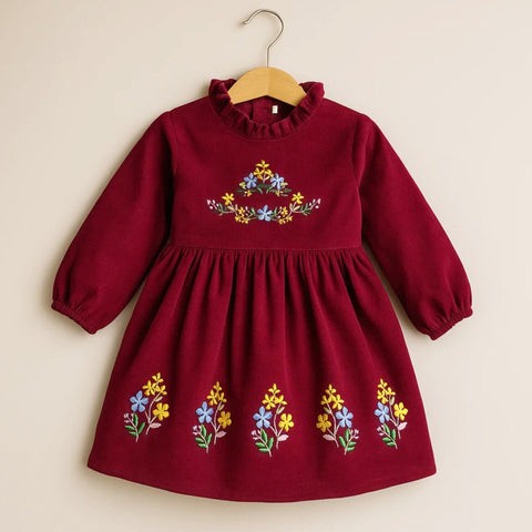 Corduroy Frock - Long Sleeves - Maroon - Flowers - 25