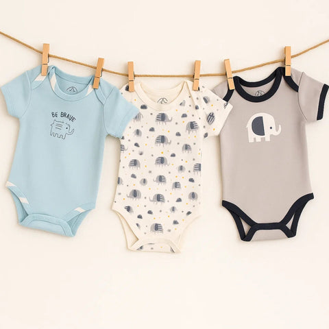 BRL - Pack of 3 - Short Sleeve Bodysuits - Blue - Elephant