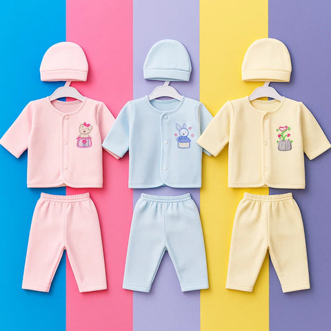 Fleece - 3 Pack - Newborn Night Suits - Blue Pink Yellow - Characters