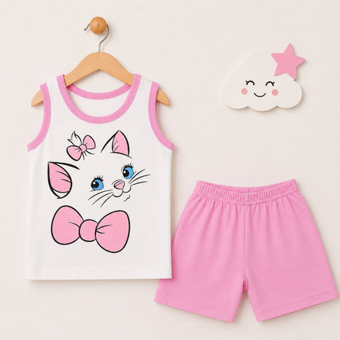 Cotton Jersey Sando & Short - Pink - Cat