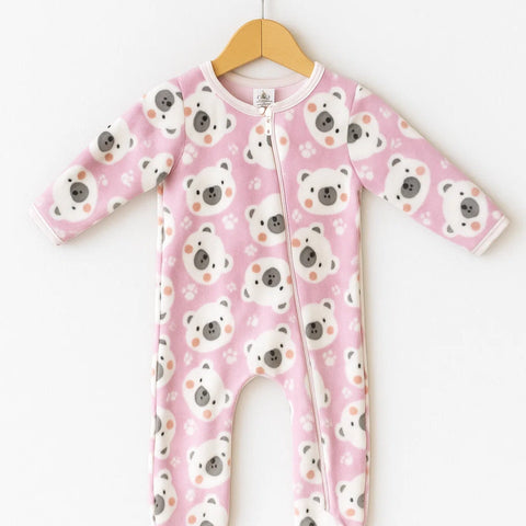 Fleece - Zipper Romper - Pink - Bear