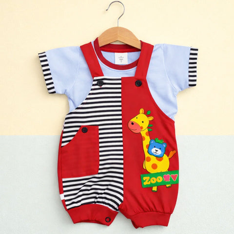 Hungle - 2 Pieces - Dungaree Set - Light Blue & Red - Giraffe