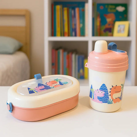 2 Pieces - Lunch Box & Water Bottle - Gift Set - Dinosaur - Pink