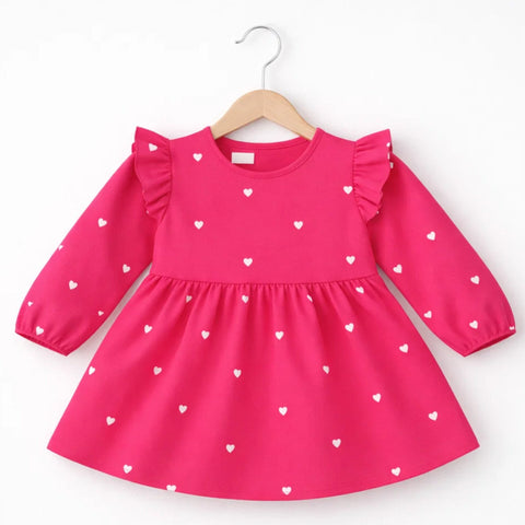 Wow - Cotton Embroidered - Frock - Dark Pink - Hearts