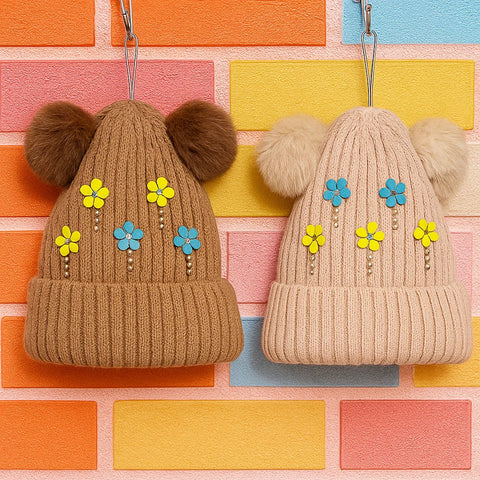 Pack of 2 - Woolen Caps - Brown & Skin - Flowers - 25