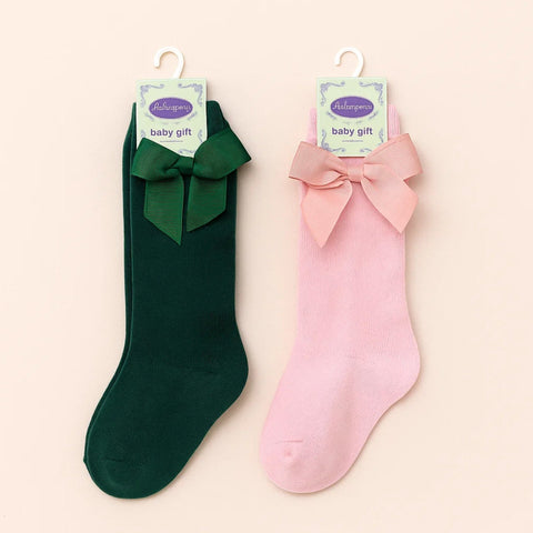 Chieea - Pair of 2 - Long Socks - Bow - Pink & Green