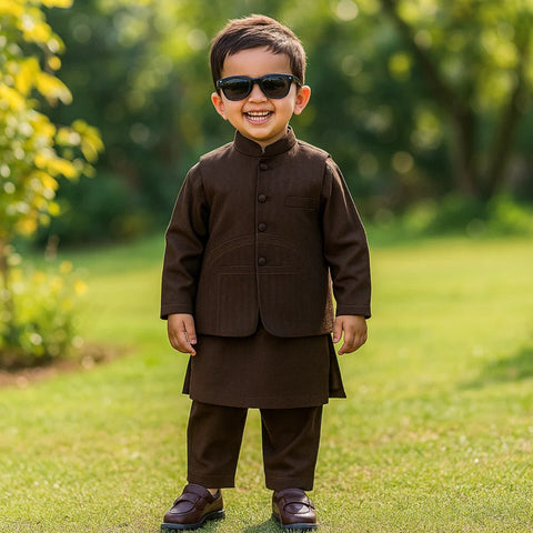 TBS - 3 Pieces - Waist Coat Kurta Shalwar - Wash N Wear - Brown