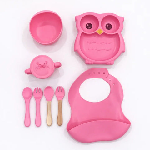 8 Pieces - Silicon Feeding Set - Owl - Baby Pink