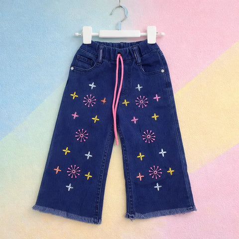 BRB - Bell Bottom - Jeans - Dark Blue - Flowers - (2-10Y)