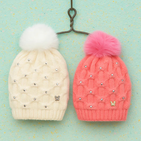 Pack of 2 - Woolen Caps - Pink & White - Beads - 25