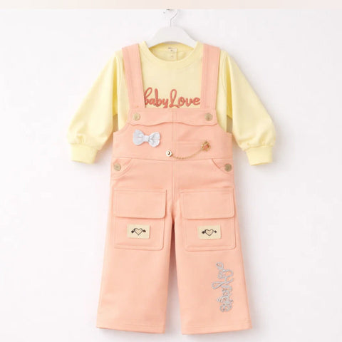 SD - 2 Pieces - Girls Dungaree Set - Peach - Bow