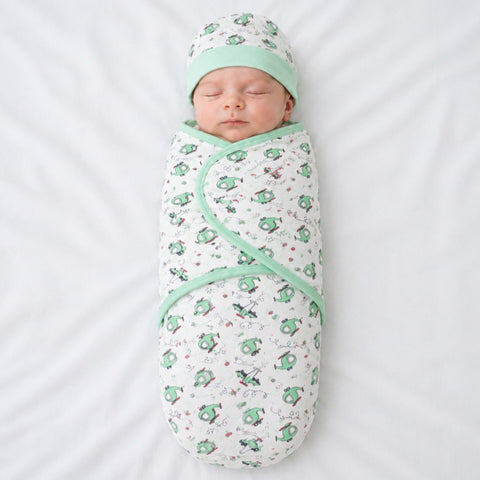Little Laughs - Swaddle with Cap & Mittens - Green - Helicopters & Planes
