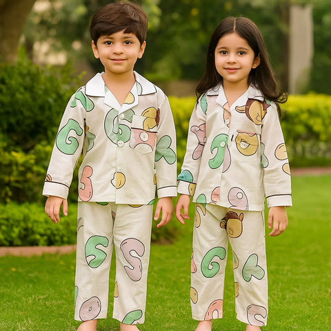 Collar Night Suit - Cotton - White - Alphabets