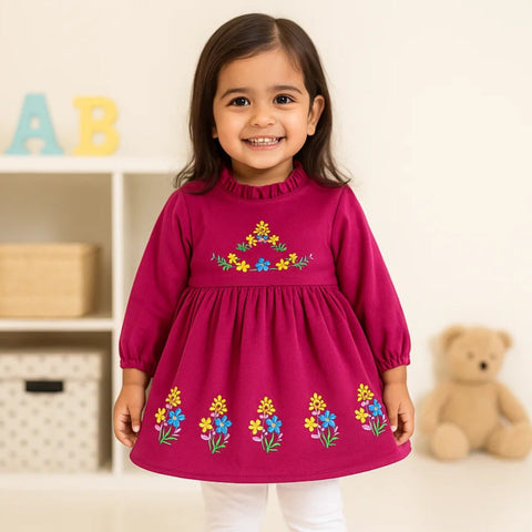 Corduroy Frock - Long Sleeves - Dark Pink - Flowers - 25
