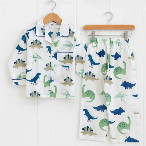 Collar Night Suit - Cotton - White - Love The Dino