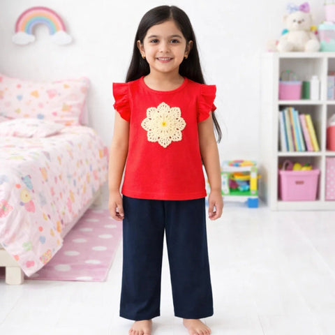 OLINI - Cropped Shirt & Bell Bottom - Red - Flower
