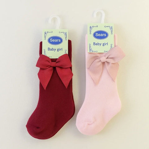 Chieea - Pair of 2 - Long Socks - Bow - Pink & Red