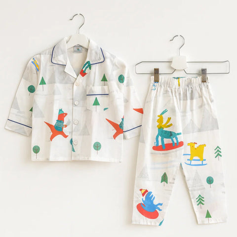 Collar Night Suit - Cotton - White - Dancing Dinos