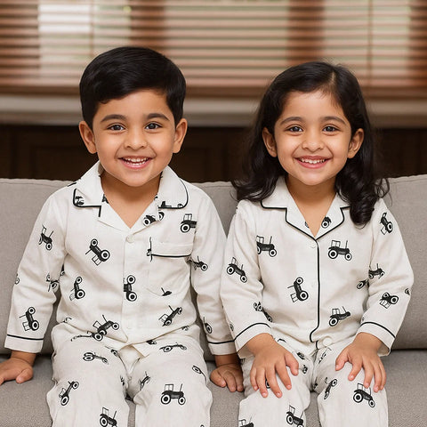 Collar Night Suit - Cotton - White - Tractor