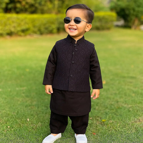 TBS - 3 Pieces - Waist Coat Kurta Shalwar - Wash N Wear - Charcoal