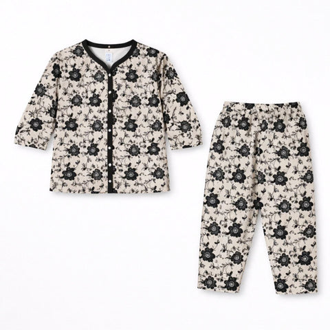 TBS - Cotton Jersey - Night Suit - Black - Flowers - 26