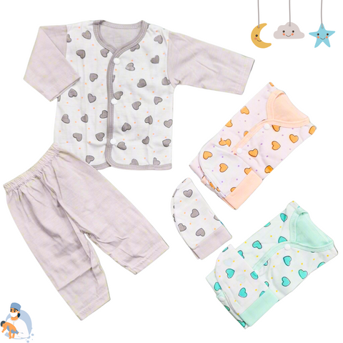 3 Pack - Newborn Night Suits - Peach Green Grey - Hearts - 25