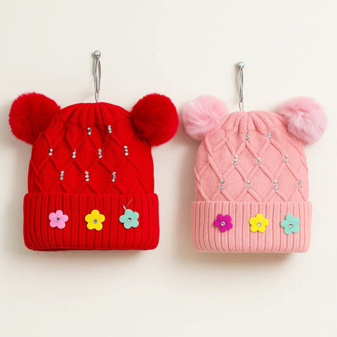 Pack of 2 - Woolen Caps - Red & Pink - Three Flower Beads - 25
