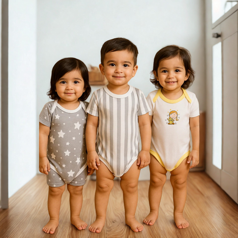 TBS - Pack of 3 - Short Sleeve Bodysuits - Grey - Stripes & Stars