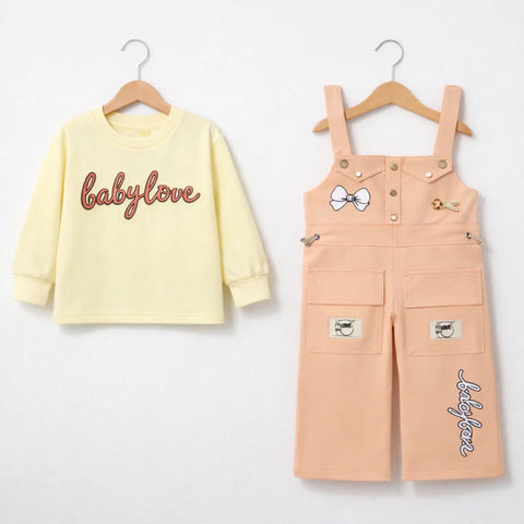SD - 2 Pieces - Girls Dungaree Set - Peach - Bow