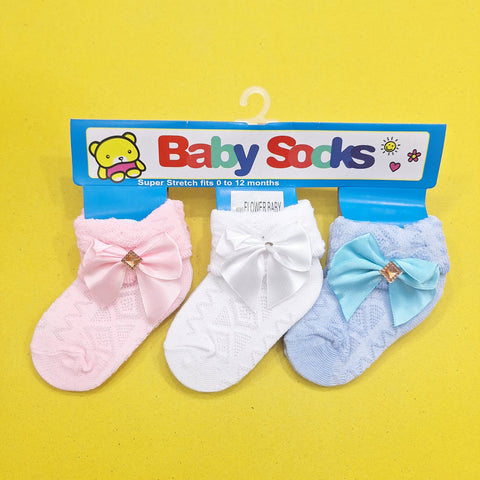 Pair of 3 Socks - Ribbon - Blue White Pink