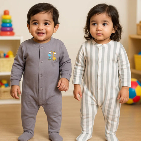 TBS - Pack of 2 Sleep Suits - Grey - Funny Times & Stripes