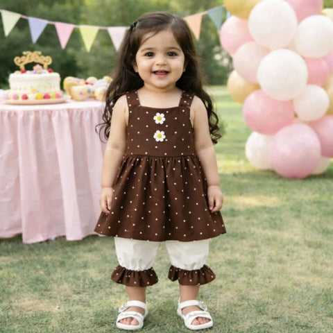 AG - 2 Pieces - Frock Set - Brown - Flower & Polka