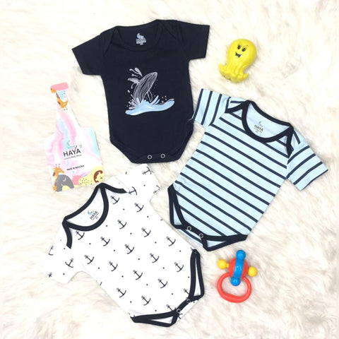 HY - Pack of 3 - Cotton Interlock - Short Sleeve - Bodysuits - Navy