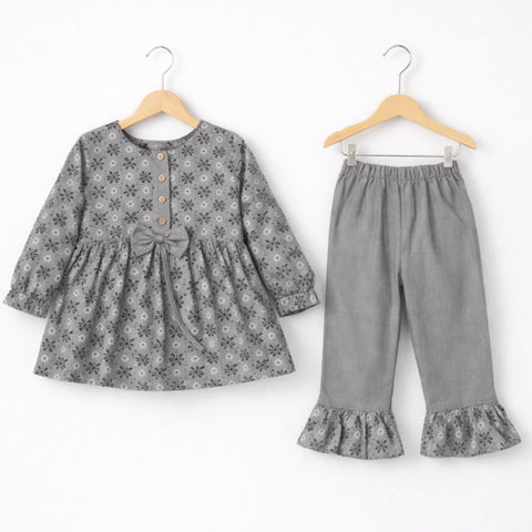 AG - 2 Pieces - Frock Set - Grey - Flower & Leaves
