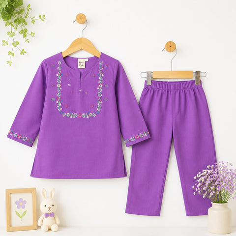 P&P - 2 Pieces - Kurti Set - Purple - Embroidered Necklace