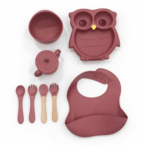 8 Pieces - Silicon Feeding Set - Owl - Dark Pink
